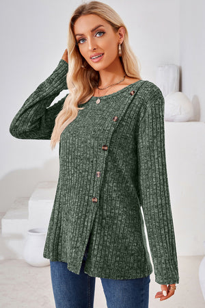 Matcha green ribbed knit top with asymmetric button detail and crew neck.