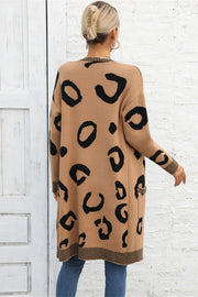 Khaki leopard motif knit cardigan with pockets and striped trim.