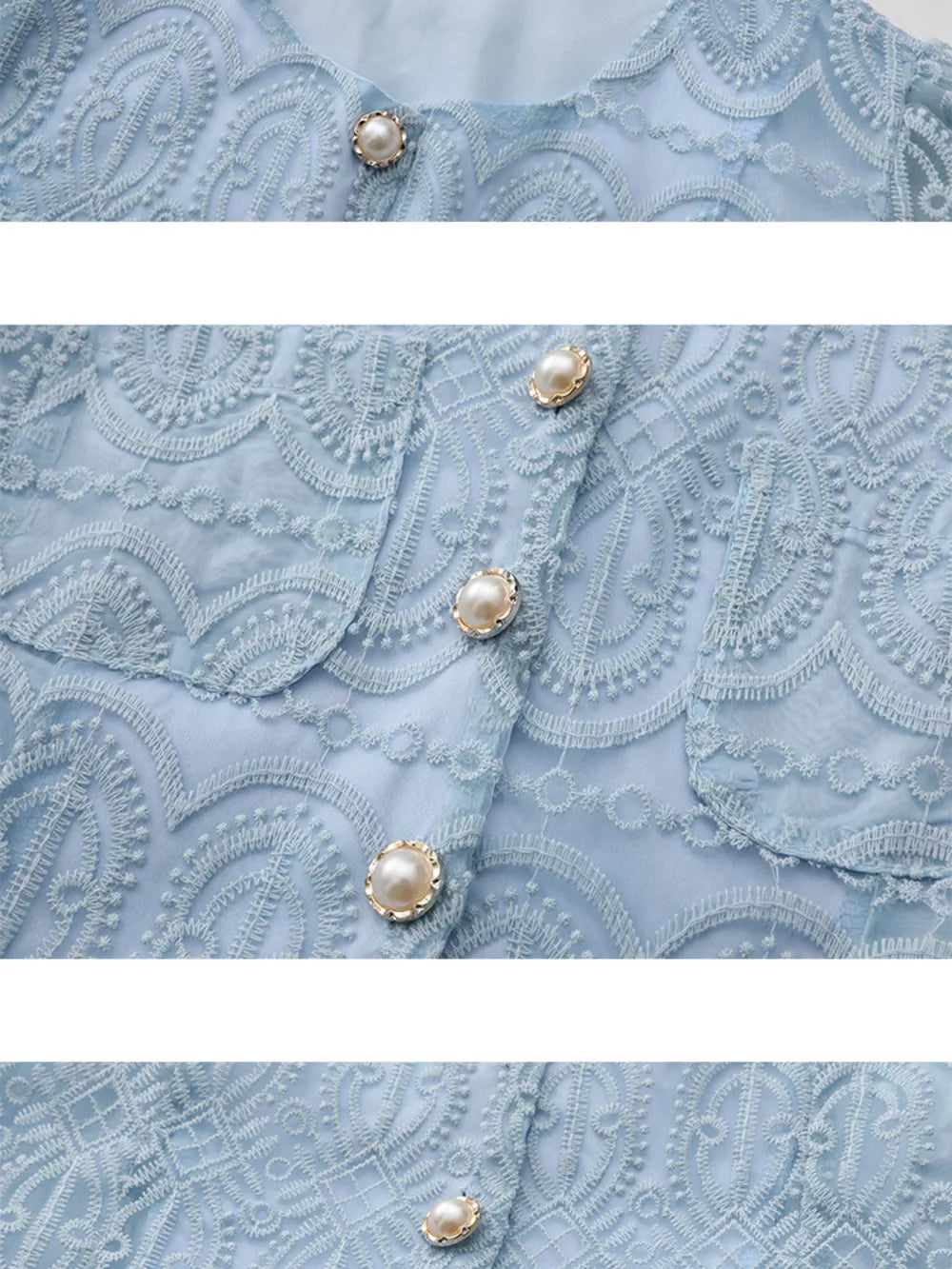 Light blue lace two-piece set with pearl button details