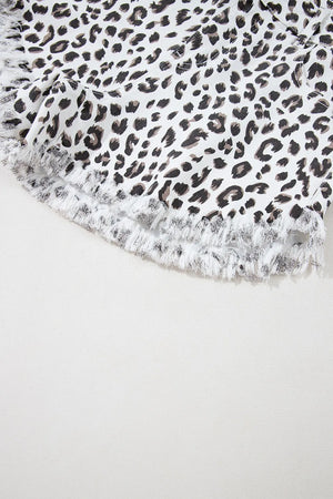 Leopard print denim shorts with frayed hem detail