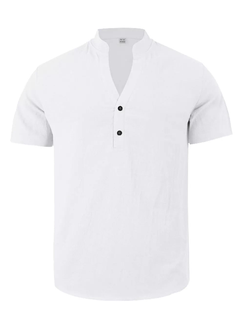 White linen blend men's short sleeve band collar shirt with two button placket.