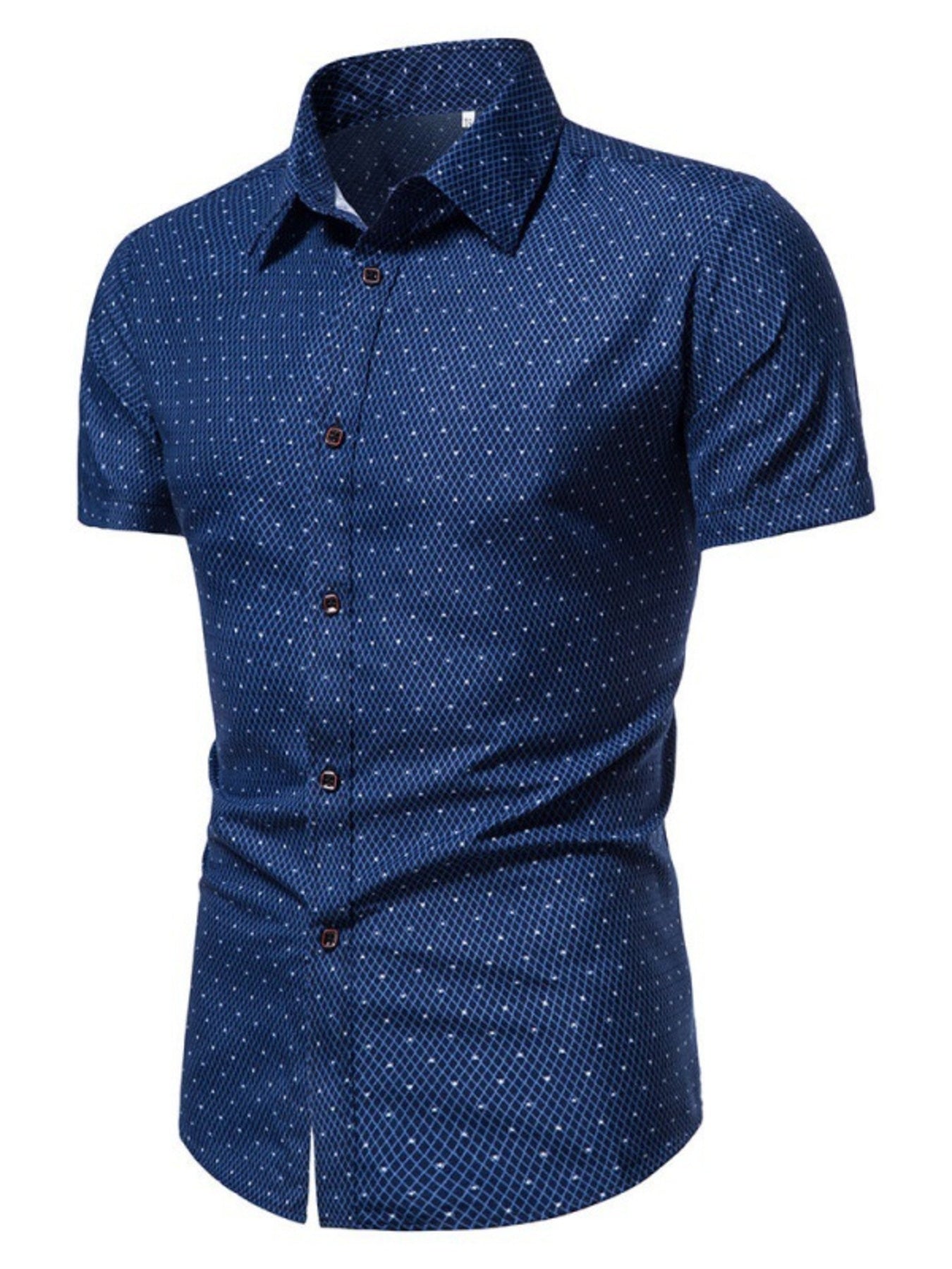 Men's navy slim fit short sleeve shirt with white dot pattern and button-down collar.