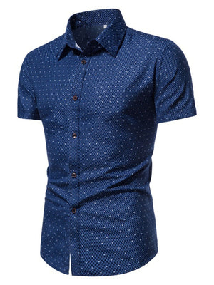 Men's navy slim fit short sleeve shirt with white dot pattern and button-down collar.