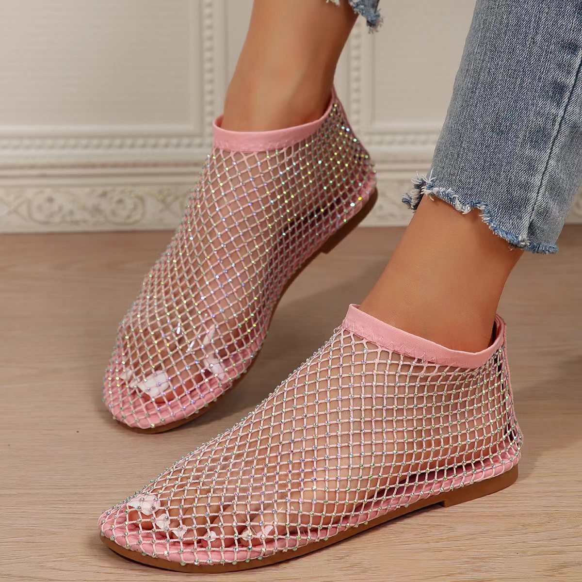Pink mesh ankle boots with rhinestones and round toe