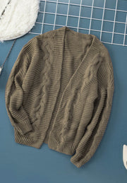 Brown cable knit open-front cocoon cardigan with ribbed cuffs and hem