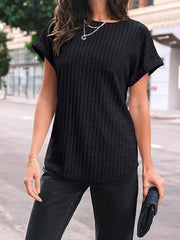 Black ribbed knit t-shirt with cuffed short sleeves and a crew neck.