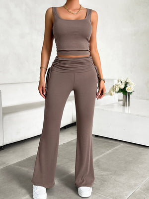 Taupe ribbed ruched waist tank top and flare pants set with drawstring details.