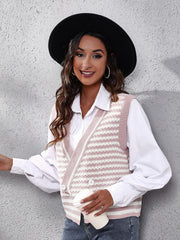Double-breasted dusty pink and white stripe knit vest with V-neck and button detail.
