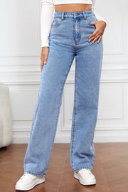 Light blue wide-leg denim jeans with a sculpted waist and button fly.
