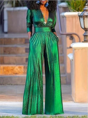 Elegant green metallic wide leg jumpsuit with pockets and V-neck.