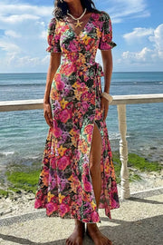 Slit Floral Short Sleeve Maxi Dress in Floral, model styling view
