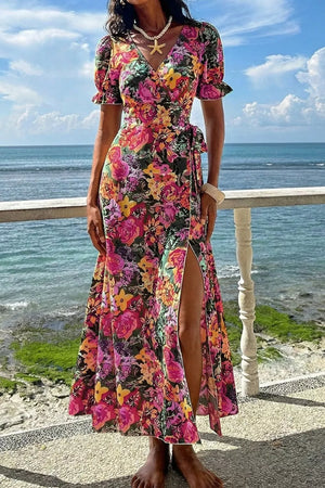 Slit Floral Short Sleeve Maxi Dress in Floral, model styling view