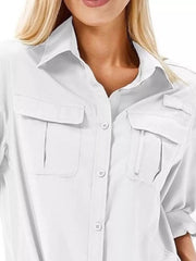 White button-up shirt with roll-up sleeves and dual chest pockets, one with a zipper detail.