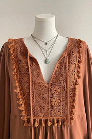 Plus Size V Neck Embroidered Tassel Blouse in Caramel, back view
