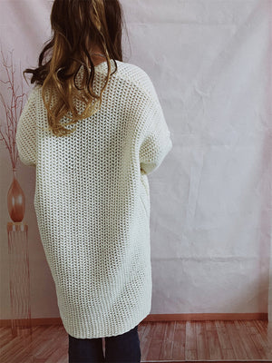 Chunky knit cocoon cardigan coat in white with a relaxed fit and open front.