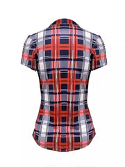 Lace-up plaid short sleeve shirt with curved hem in red, navy, and white.
