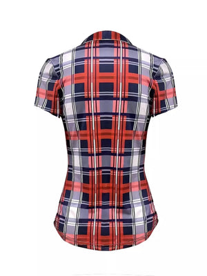 Lace-up plaid short sleeve shirt with curved hem in red, navy, and white.
