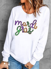 White cotton sweatshirt with sequin Mardi Gras script detail