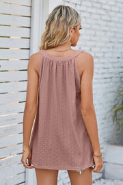 Dusty Pink eyelet halter tank top with gathered neckline and textured pattern.
