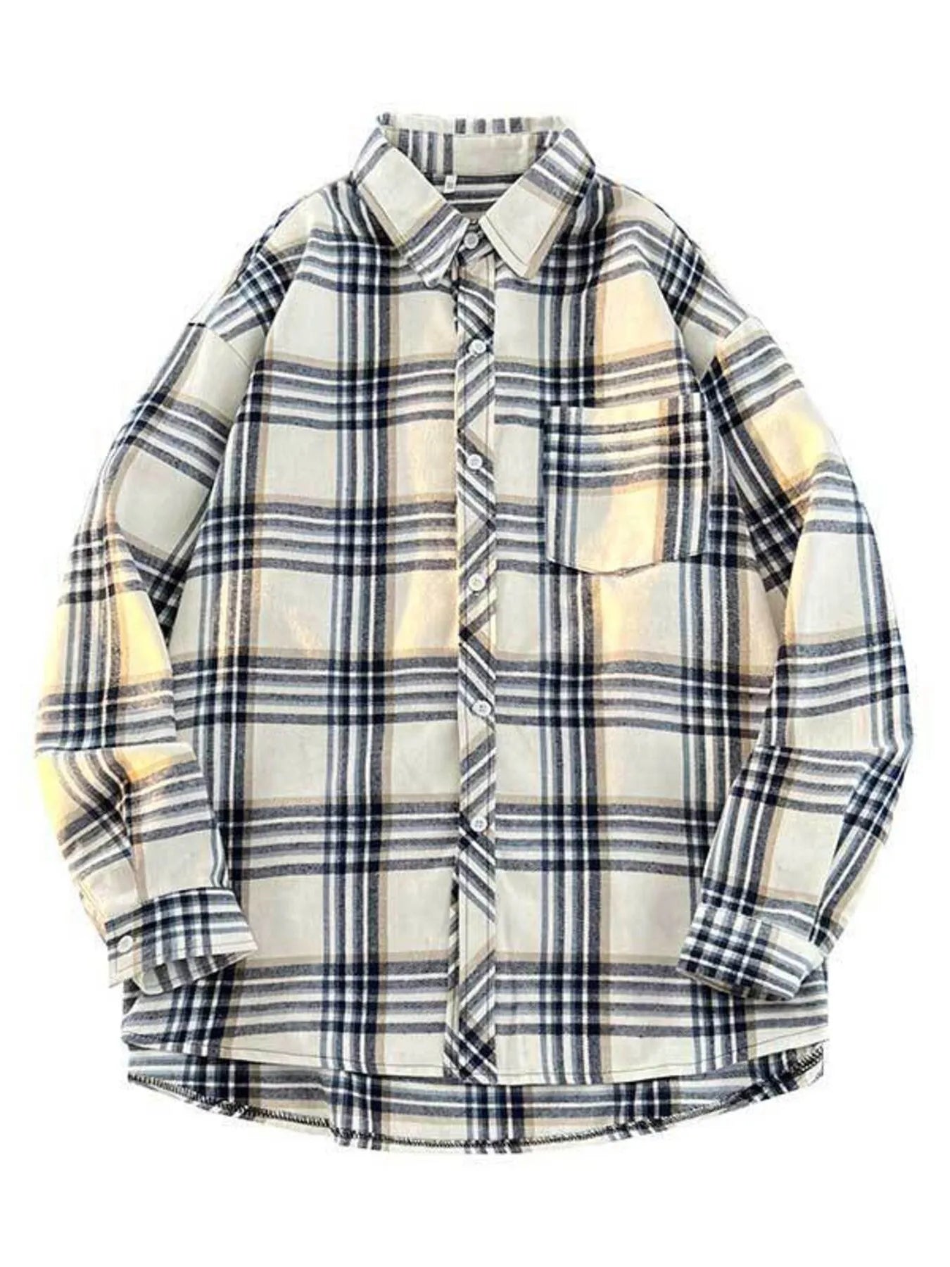 Oversized plaid button-up shirt in cream with navy and tan plaid, long sleeves, and chest pocket.