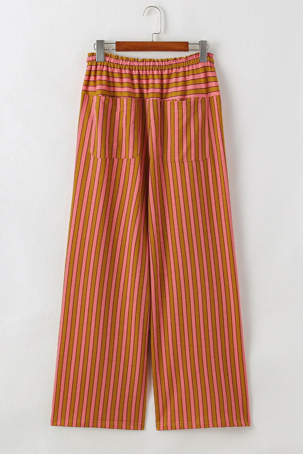 Wide leg pants with pink and brown stripes, drawstring waist, and patch pockets.