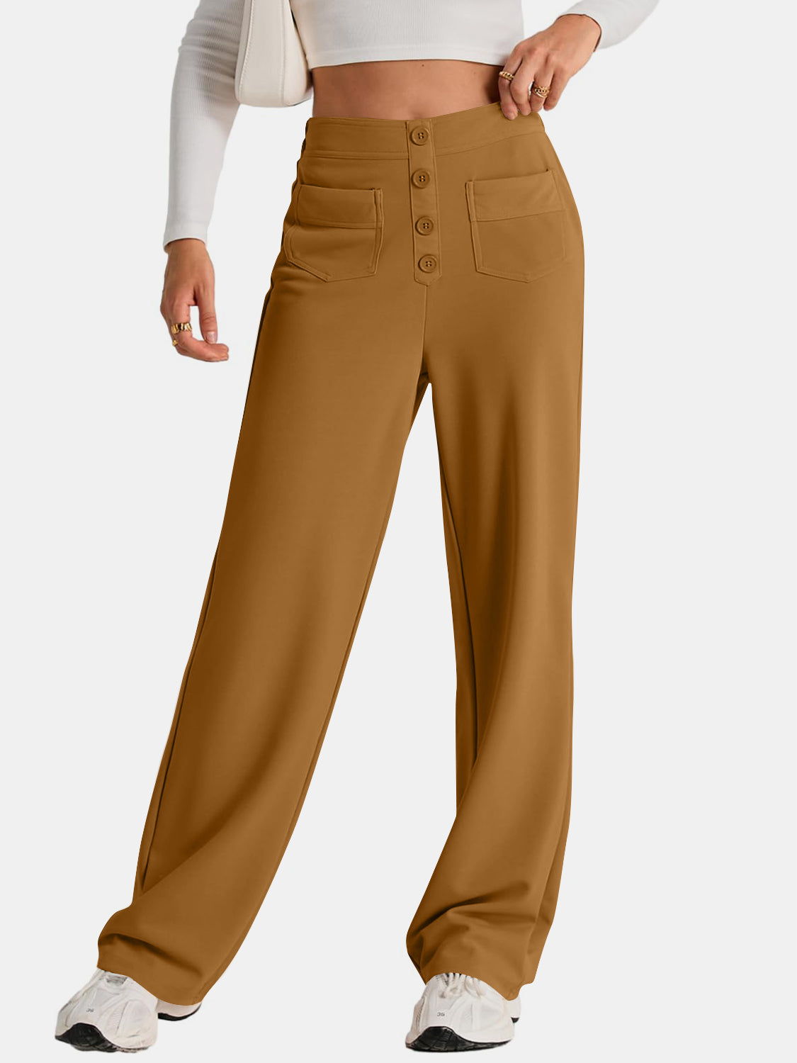 Button-front palazzo trousers in caramel with four-button closure and flap pockets.