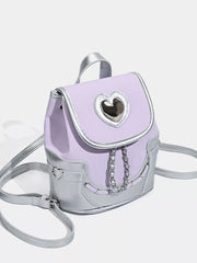 Charming mini heart flap backpack in purple with silver accents and chain detail.