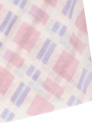 Ruched tied maxi dress in 100% polyester with a pink and purple geometric pattern.