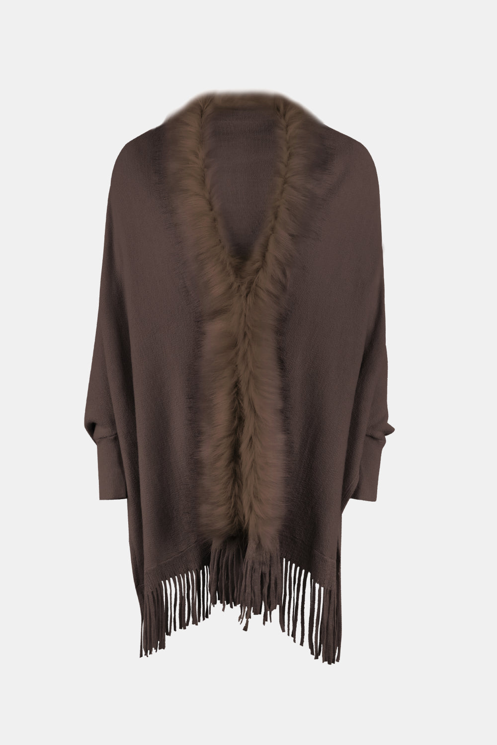 Chocolate faux fur trimmed fringe cape with wide sleeves.
