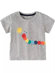 Toddler grey t-shirt with colorful caterpillar and sun graphic.