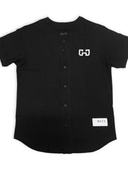 Black baseball jersey with embroidered logo and button front.