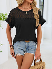 Black waffle knit t-shirt with eyelet detail on the yoke and sleeves.