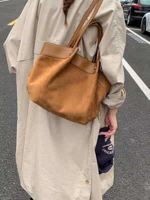 Suede And Leather Trim Shoulder Bag in Brown, back view