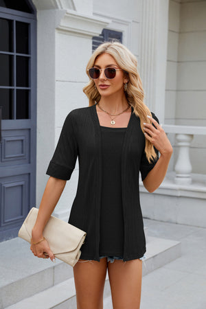 Black textured layered square neckline top with short sleeves and a relaxed fit.