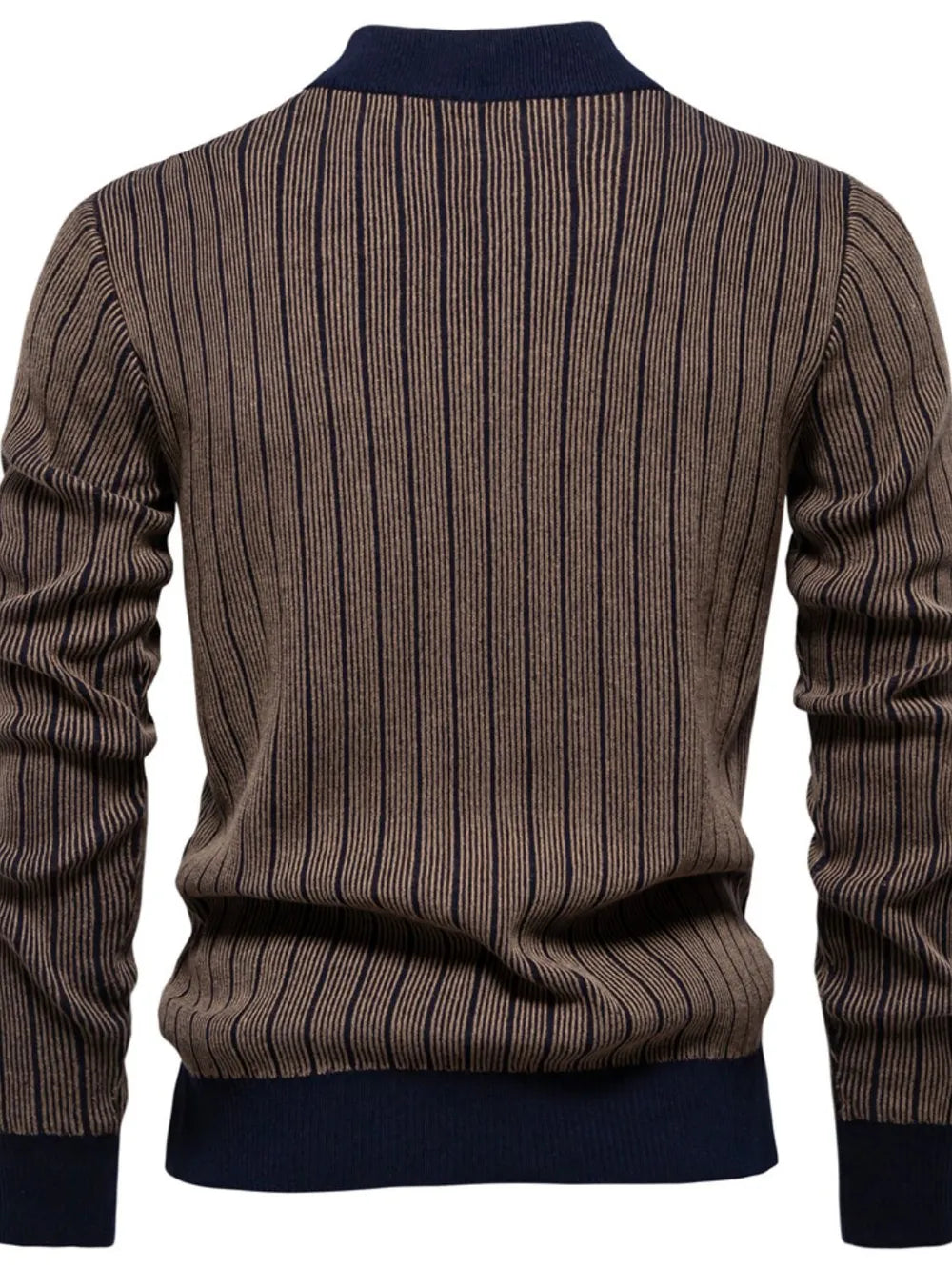 Brown ribbed mock neck sweater with vertical navy stripes and navy cuffs.