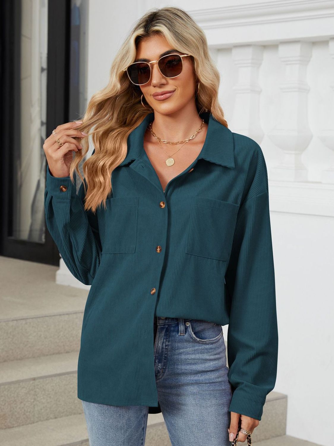 Corduroy overshirt in French Blue with patch pockets and button front.