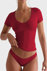 Deep Red V-neck second-skin tee with short sleeves, shown tucked into matching underwear.