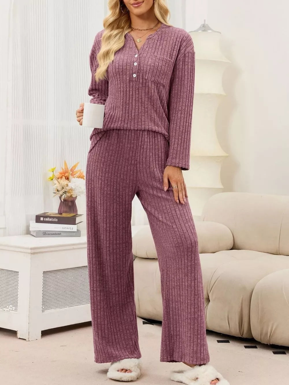 dusty blue pajama set with pocketed and long sleeve