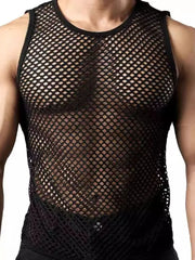 Black open-knit muscle tank top with crew neck and sleeveless design.