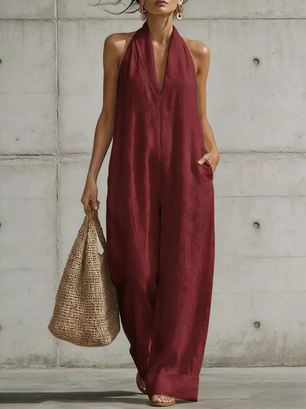Full Size Halter Neck Wide-leg Jumpsuit Plus Size, alternate angle