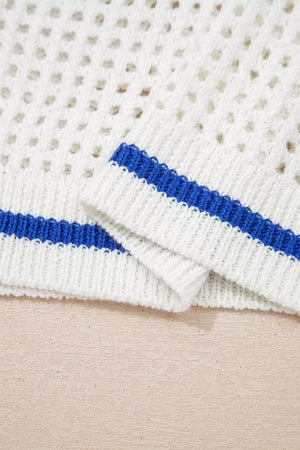 White eyelet knit sweater with blue striped cuffs and hem