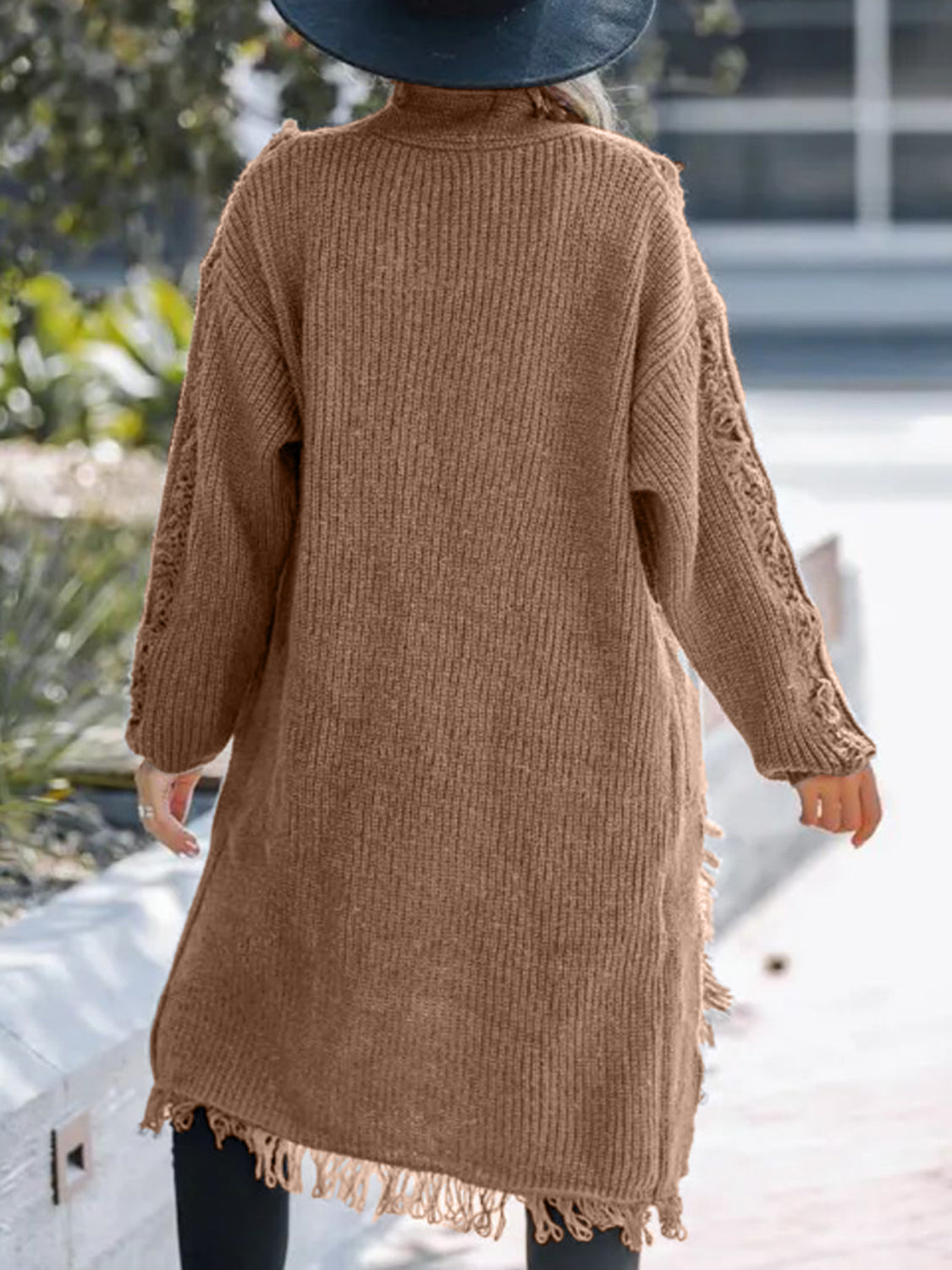 Camel textured fringe maxi cardigan with cable knit sleeves.