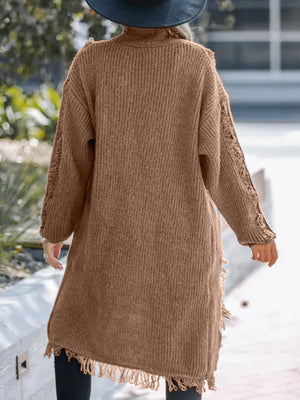 Camel textured fringe maxi cardigan with cable knit sleeves.