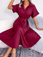 Burgundy button-down midi dress with short sleeves and tie belt