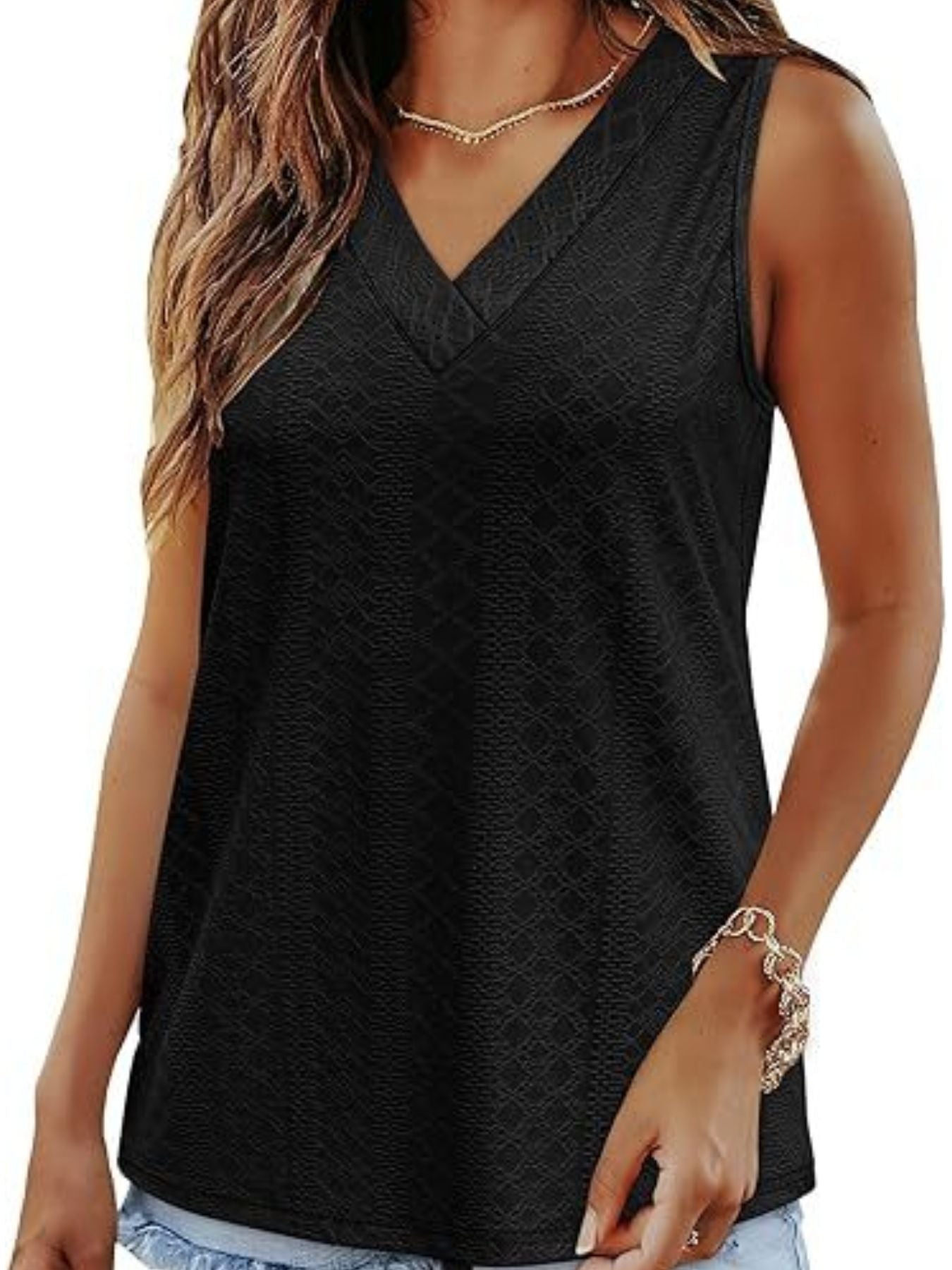 Black sleeveless V-neck tank top with subtle diamond pattern texture.
