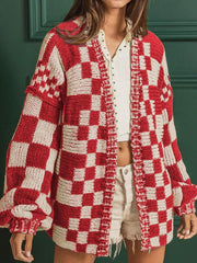 Chic checkered acrylic cardigan in deep red and beige with balloon sleeves.