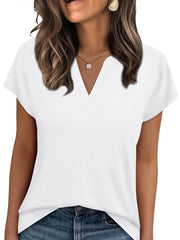 White short-sleeve t-shirt with notched V-neck and heathered texture.