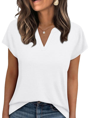 White short-sleeve t-shirt with notched V-neck and heathered texture.