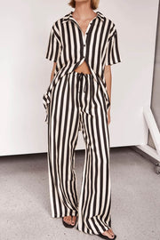 Vertical stripe lounge set with cutout top and wide-leg pants in white and black