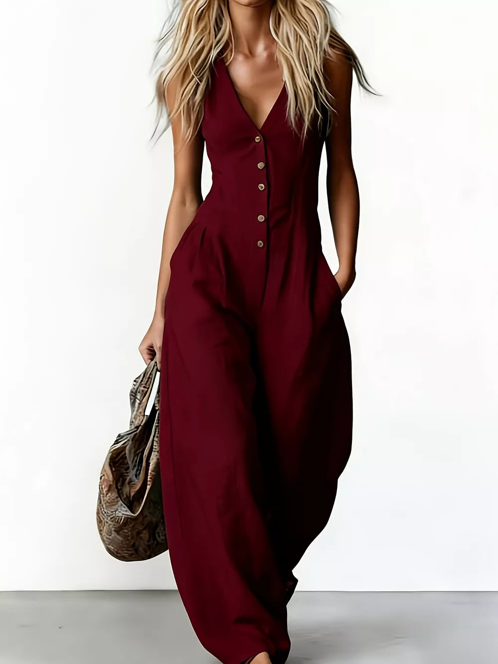 V-neck Button-down Wide-leg Jumpsuit in White, model styling view